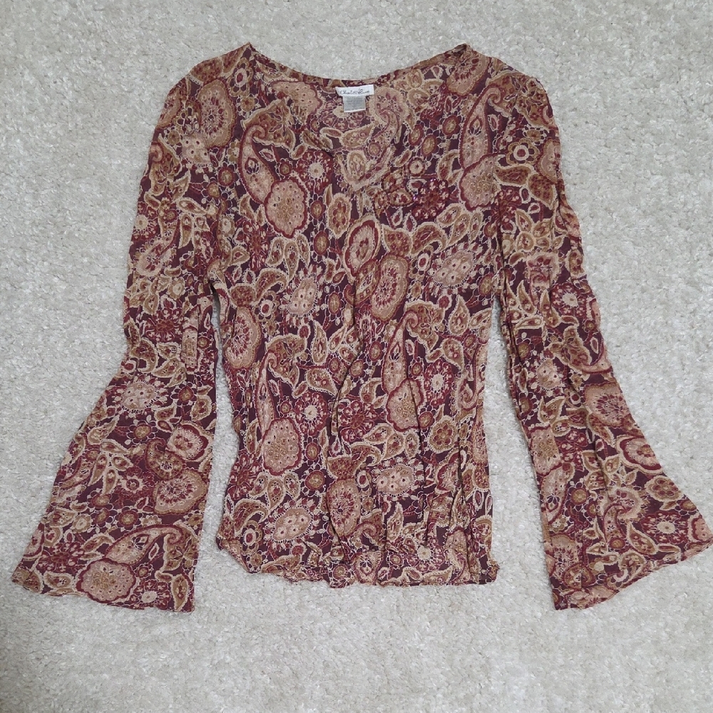 Charlotte Russe Maroon & Brown Paisley Bell Sleeve Blouse, Women's Size Small